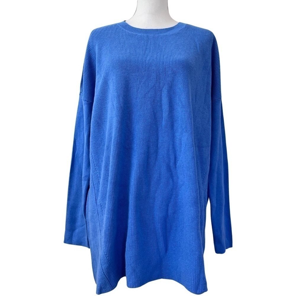 Eileen Fisher Cotton Silk Knit Tunic Sweater Size L Blue Coastal Nautical‎ NWT